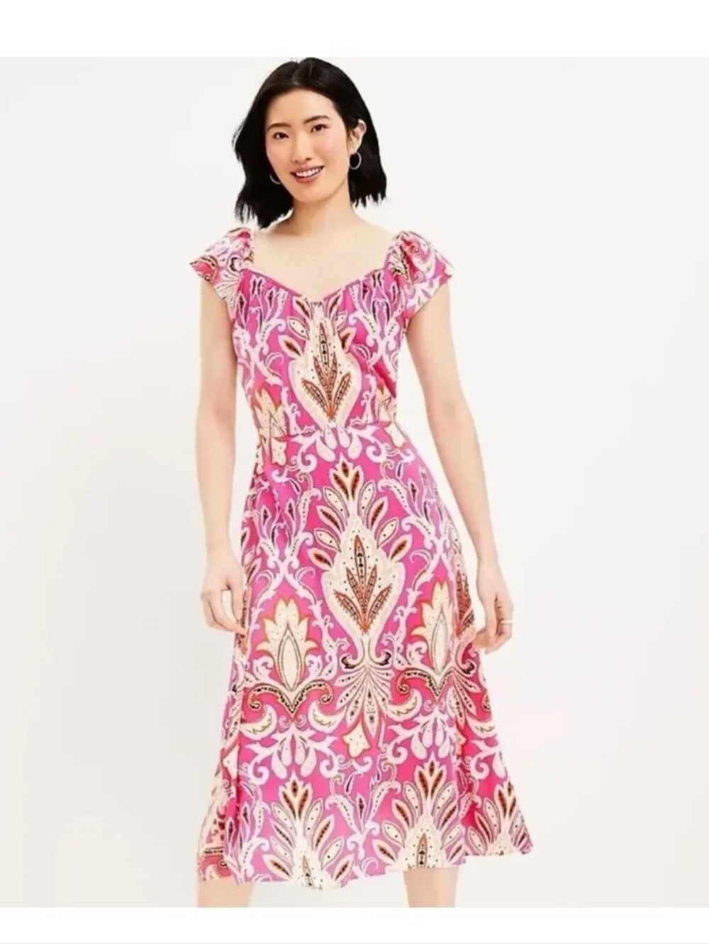 LOFT Paisley Flutter Sleeve V Neck Midi Dress 100% Rayon Pink Size 12